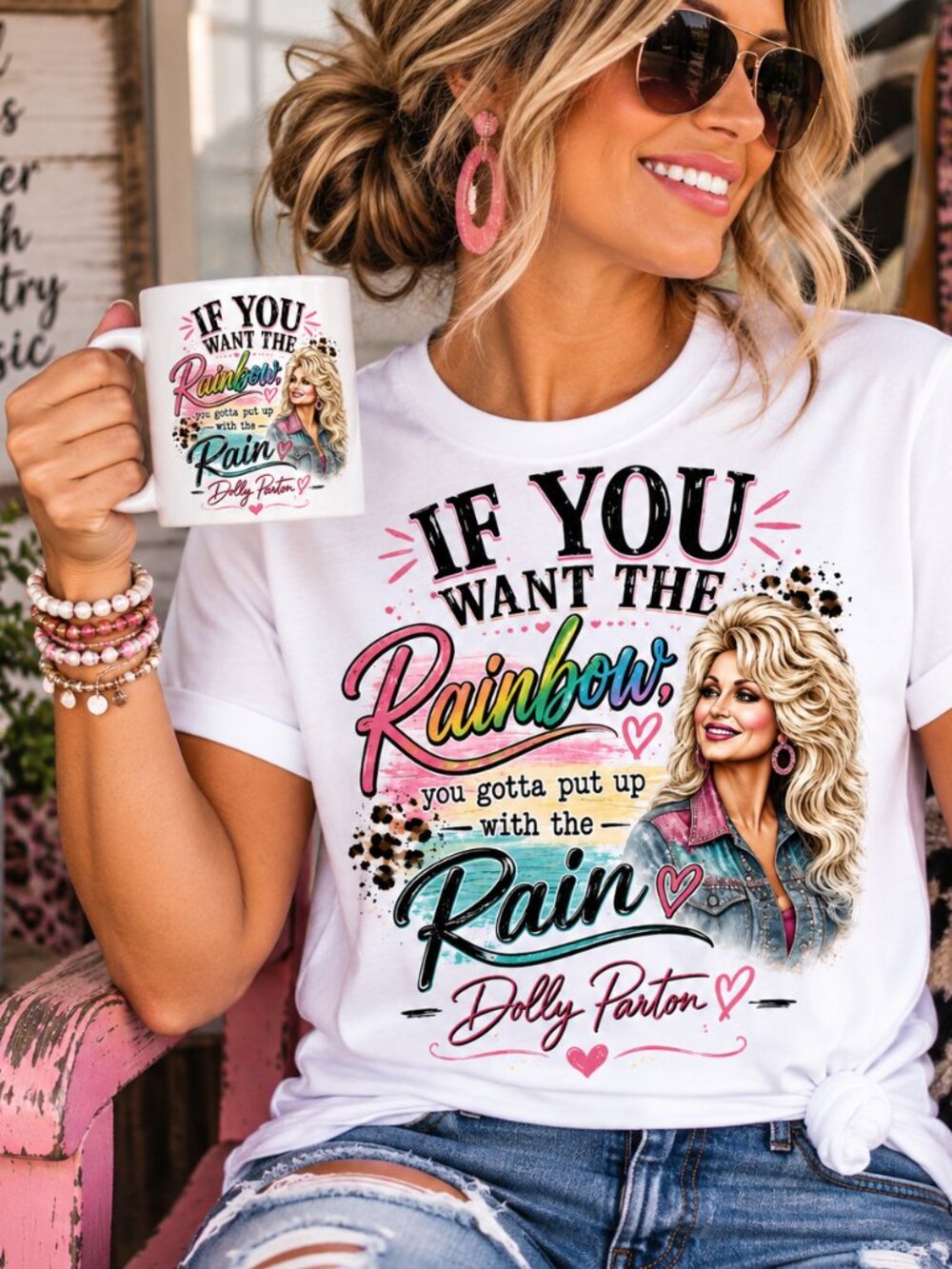 Rainbow Dolly Western Graphic Tee Coffee Mug Custom Matching Bundle Set